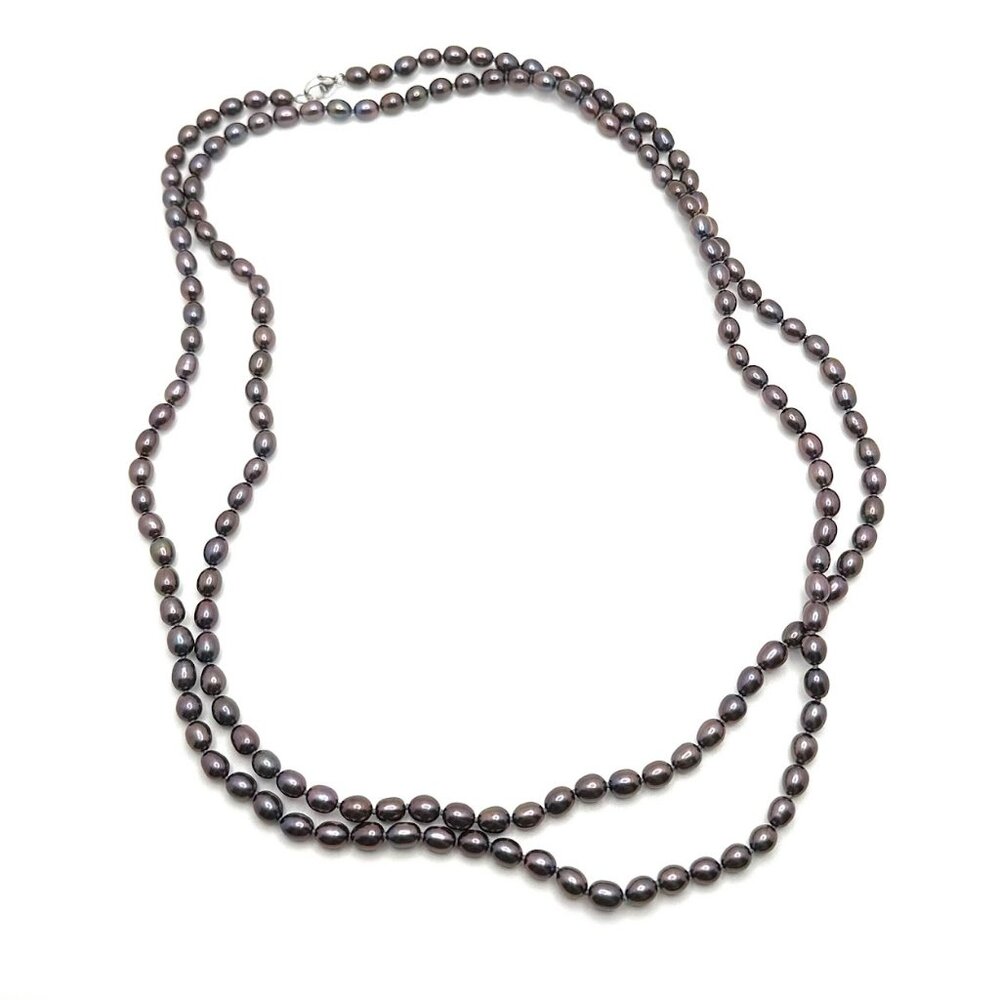 Honora 925 Sterling Silver Oval Cultured Black Pearl Oval Beaded Necklace 50"